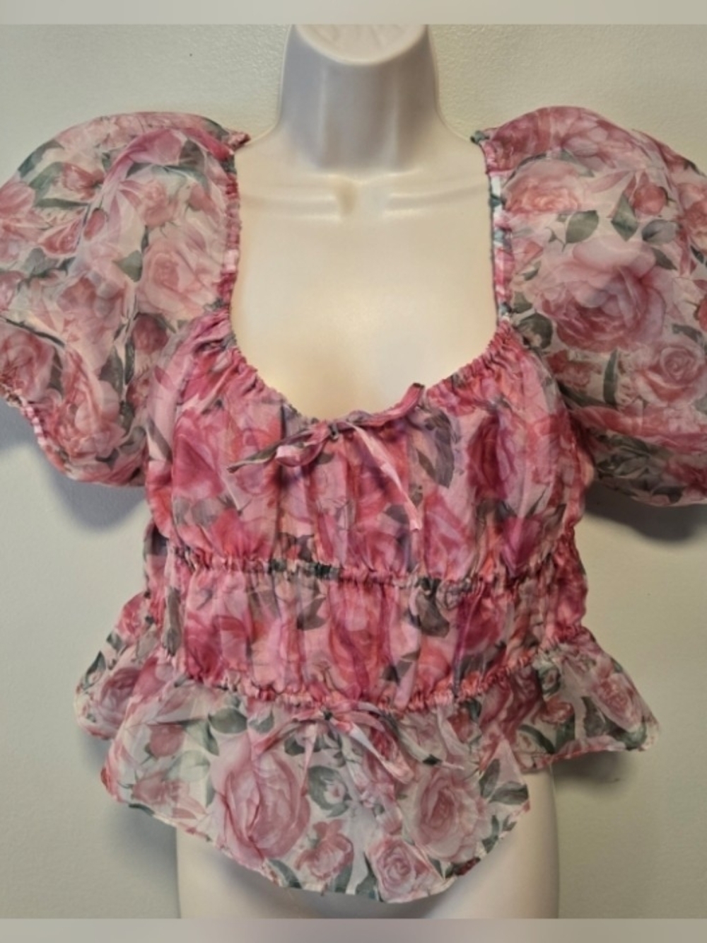 Joie Pink Floral Puff-Sleeve Peplum Blouse Medium